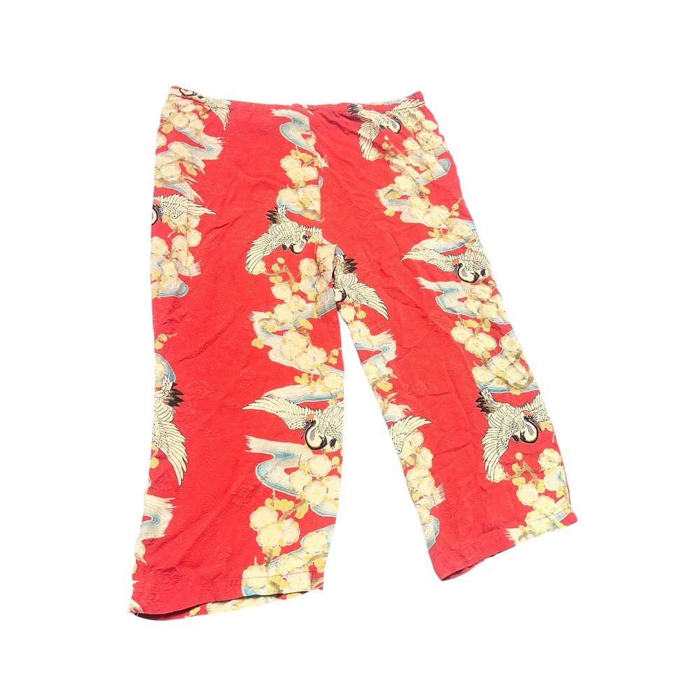 Half Moon Bay Red Crane Print Wide Leg Cropped Pants Womens Medium 100% silk